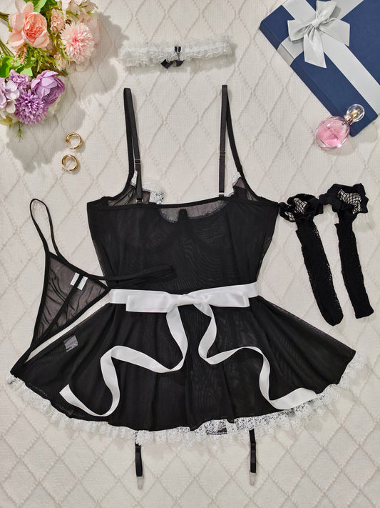 Large Sized Maid Role-Playing Set | Mesh Splicing and Lace Edge Design, Sexy Style Bedroom Uniform with Contrast Lace Details
