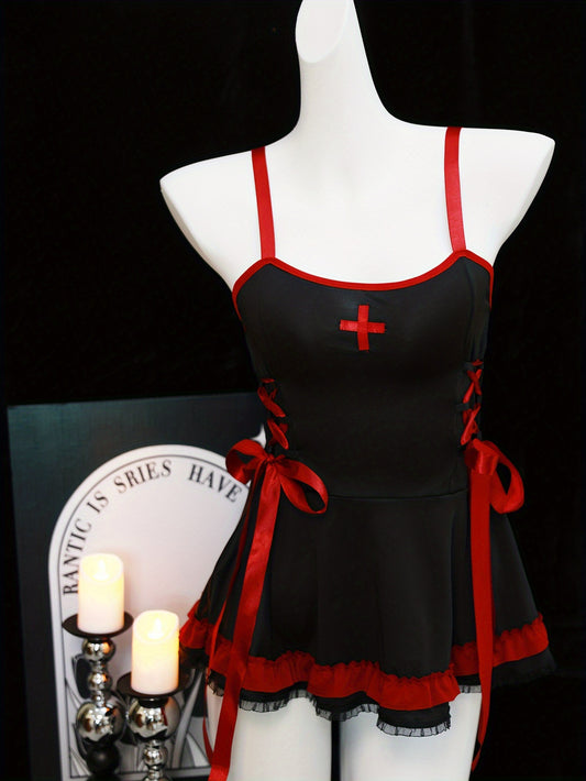 Sexy Off the Shoulder Nurse Costume Dress with Thong and Lace Appeal | Sleeveless, Solid Color, Regular Fit for Spring/Summer/Fall