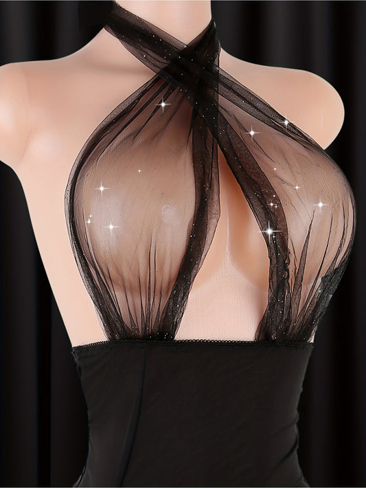 Sexy Backless Pencil Skirt for Women | Strapless Neckline, Mesh Back, Black Sequined Party Dress with Crossover Front Slit | Elegant Evening Gown, Suitable for Nightclubs, Dates, Club Outfits, and Date Night Attire