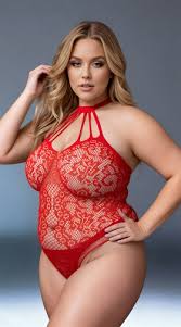 Plus size woman in sexy red body suit