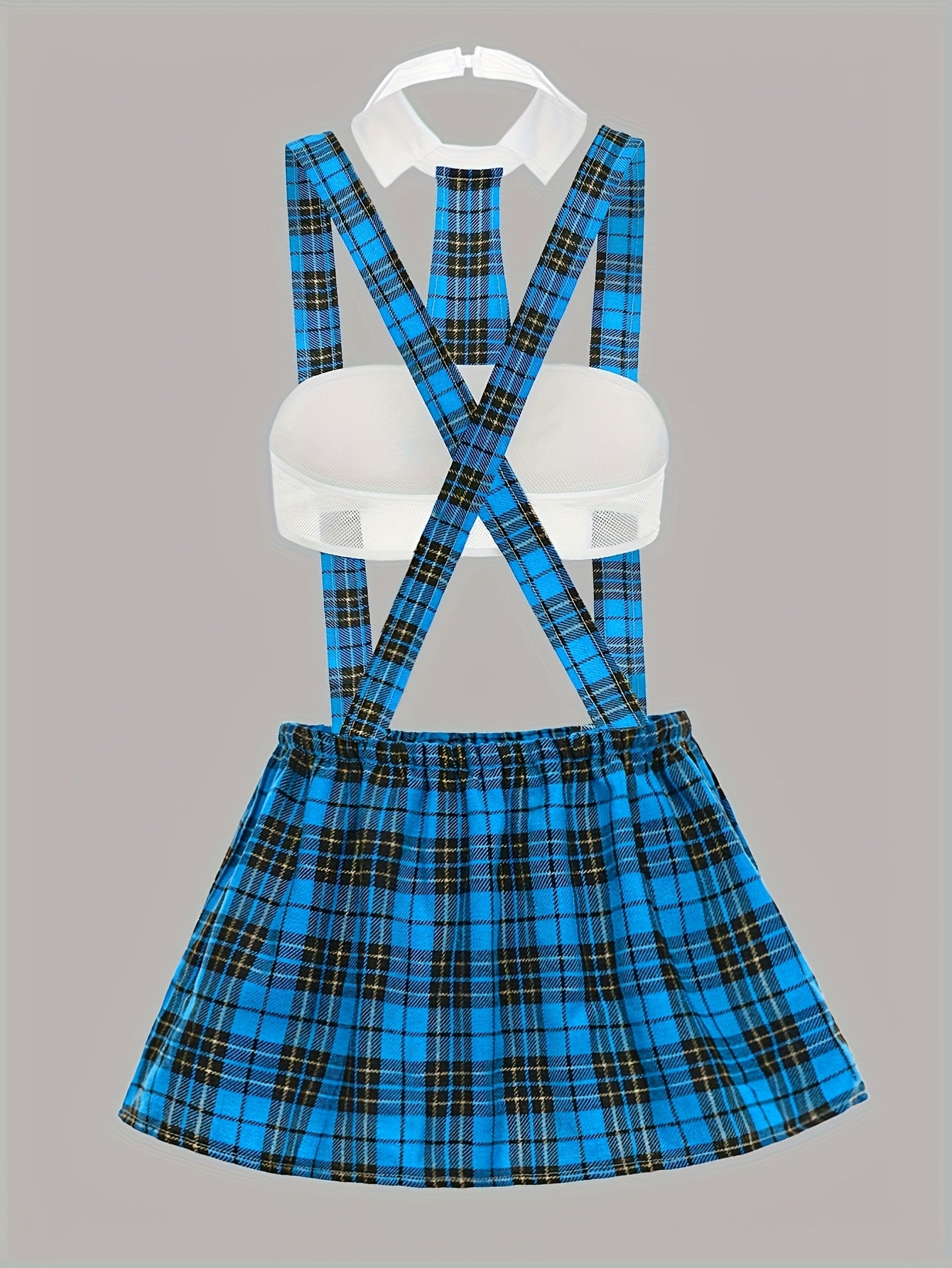 4pcs Set of Contrasting Checkered Cosplay Outfit Featuring a Hollowed-Out Strapless Top, Checkered Suspender Skirt, Sexy Thong, And Tie, Designed for Women with an Exotic Flair.