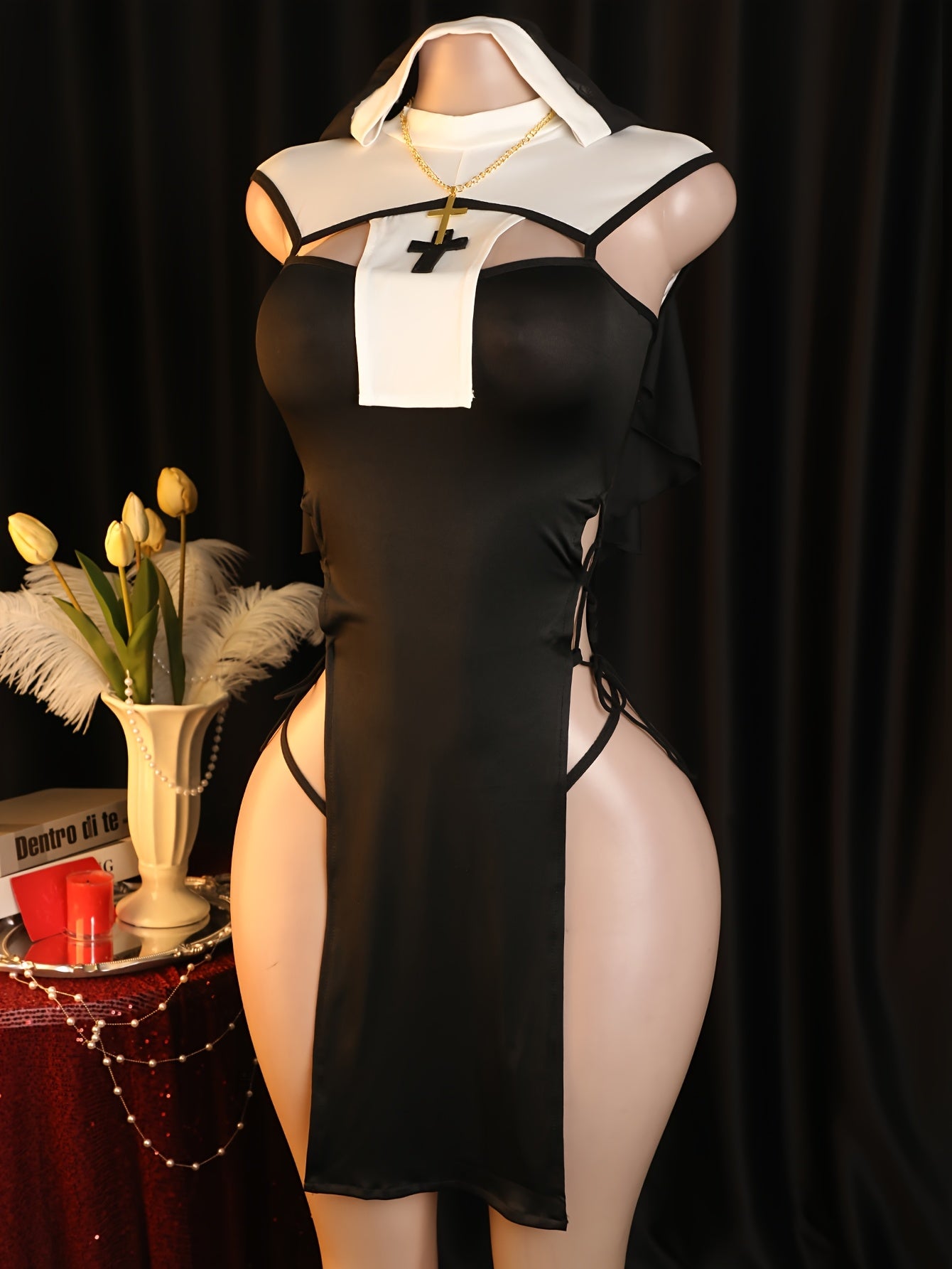 Halloween COS Costume Set - Nun Church Costume with Skirt, Veil, Necklace, and Panties
