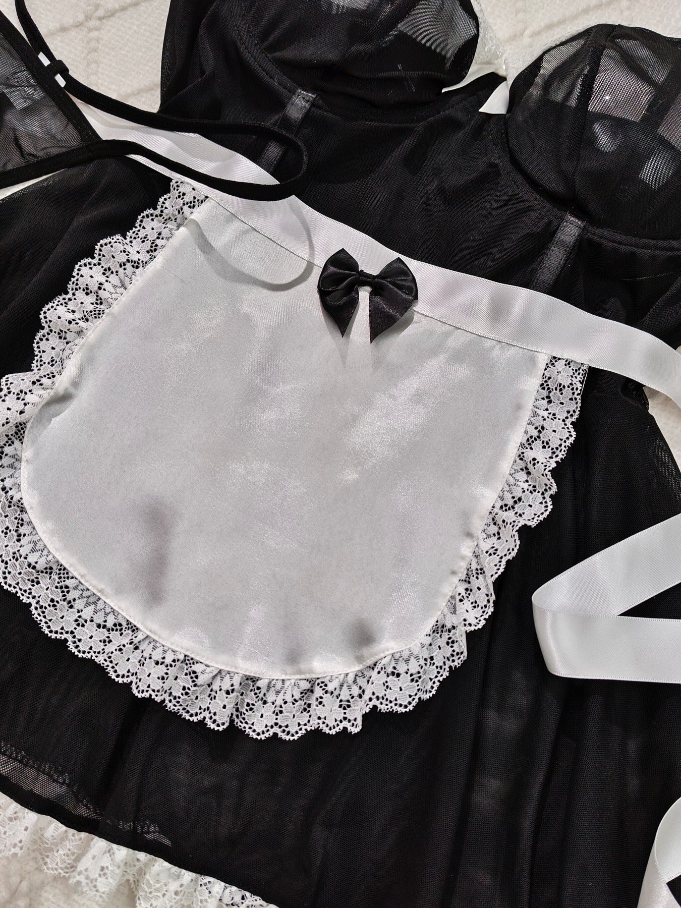 Large Sized Maid Role-Playing Set | Mesh Splicing and Lace Edge Design, Sexy Style Bedroom Uniform with Contrast Lace Details