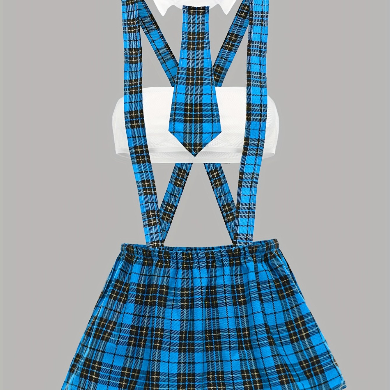 4pcs Set of Contrasting Checkered Cosplay Outfit Featuring a Hollowed-Out Strapless Top, Checkered Suspender Skirt, Sexy Thong, And Tie, Designed for Women with an Exotic Flair.