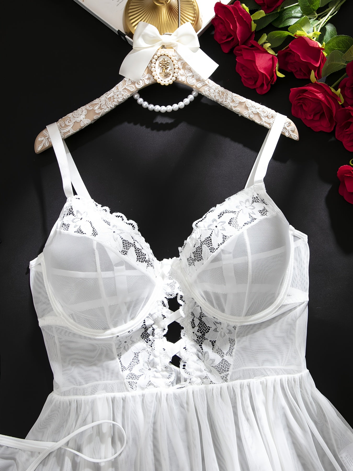 Plus Size Sheer Lace & Mesh Nightdress Dress with Free Matching Thong - Semi-Sheer Suspender Dress, Sexy Lingerie for Date Nights, Hand Washable Intimate Wear (No Dryer)