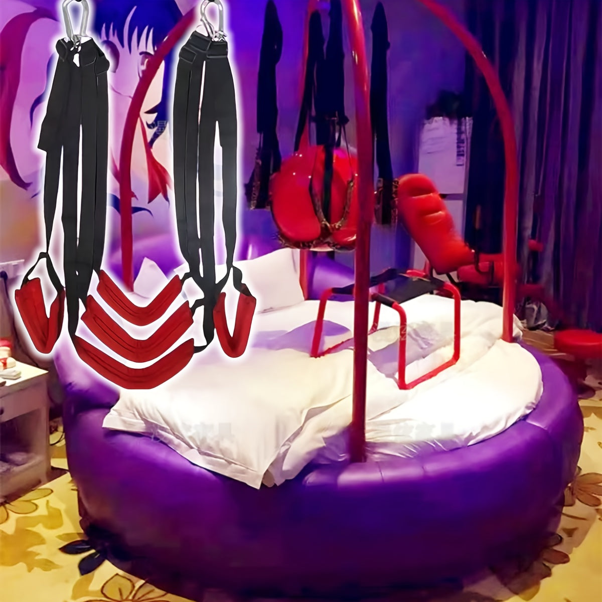 360° Air Swing Rotating Intimate Relationship Swing Seat | Black and Red with 5 Sponge Seats and Headrest, Swing Hanging Bar, Love Swing Entertainment Equipment, Couples Passion Unlocking Sexy Postures