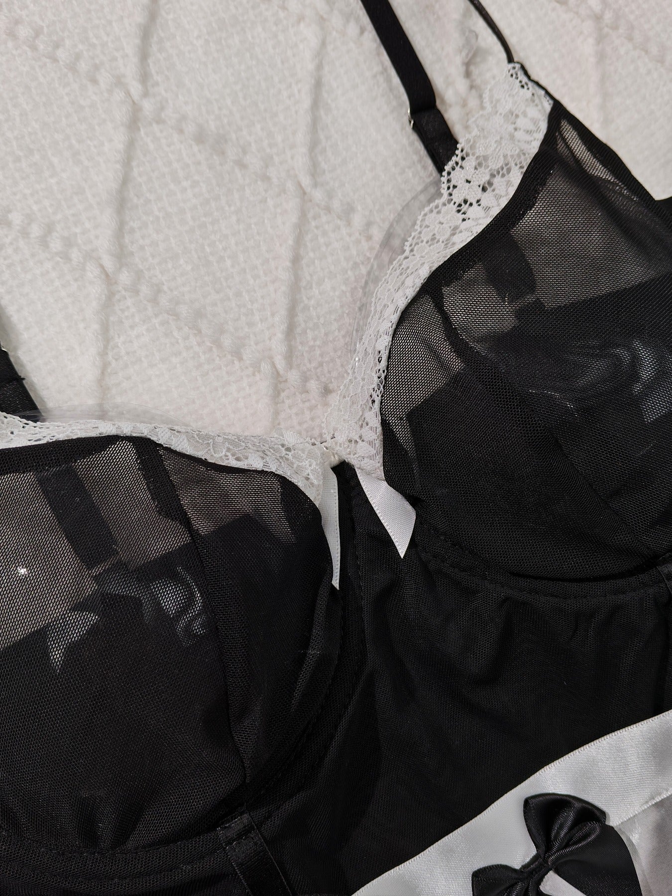 Large Sized Maid Role-Playing Set | Mesh Splicing and Lace Edge Design, Sexy Style Bedroom Uniform with Contrast Lace Details