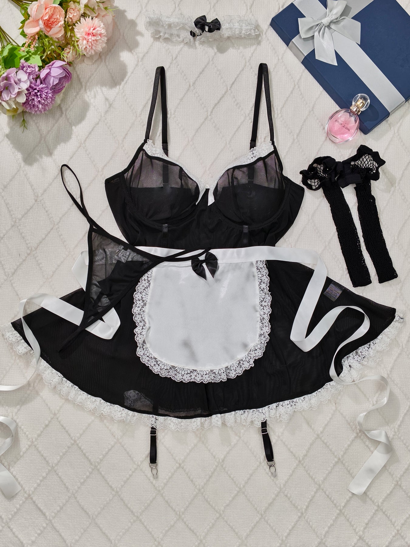 Large Sized Maid Role-Playing Set | Mesh Splicing and Lace Edge Design, Sexy Style Bedroom Uniform with Contrast Lace Details