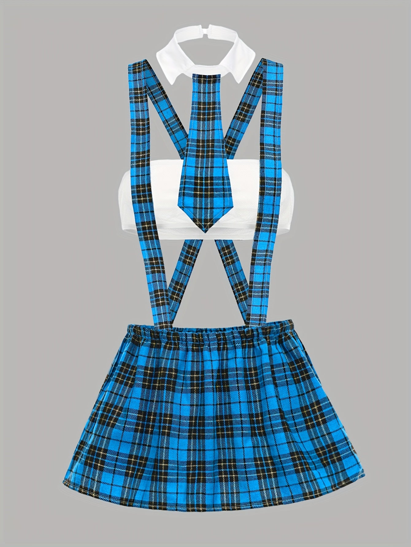 4pcs Set of Contrasting Checkered Cosplay Outfit Featuring a Hollowed-Out Strapless Top, Checkered Suspender Skirt, Sexy Thong, And Tie, Designed for Women with an Exotic Flair.