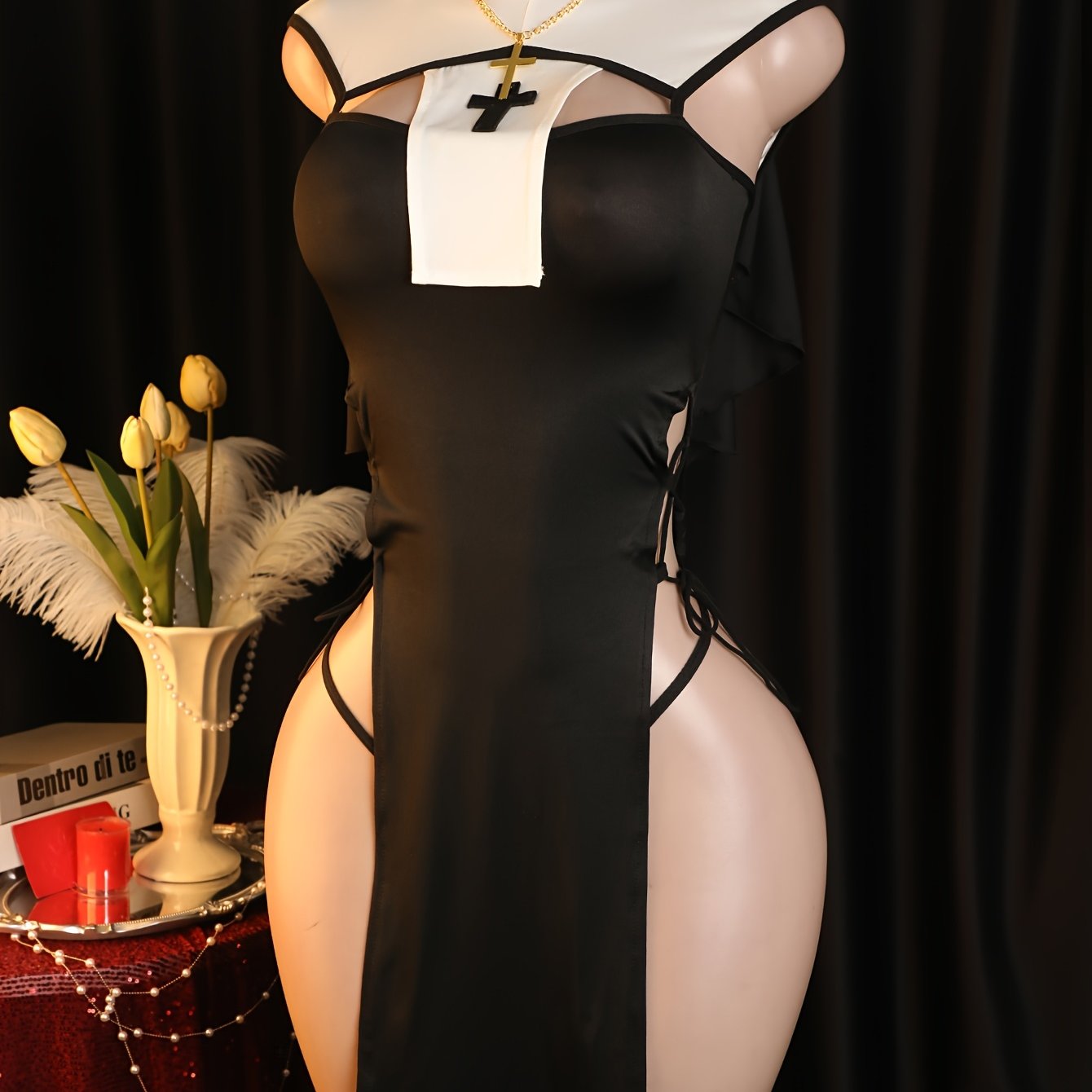 Halloween COS Costume Set - Nun Church Costume with Skirt, Veil, Necklace, and Panties