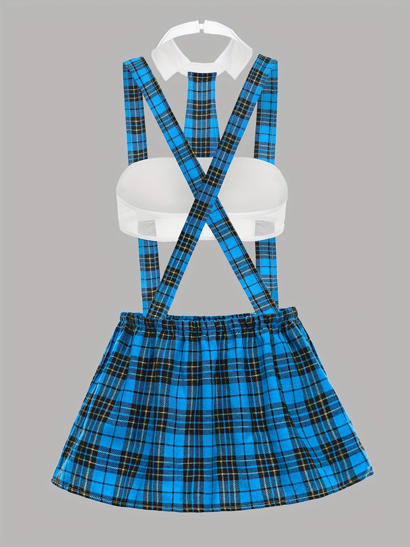 4pcs Set of Contrasting Checkered Cosplay Outfit Featuring a Hollowed-Out Strapless Top, Checkered Suspender Skirt, Sexy Thong, And Tie, Designed for Women with an Exotic Flair.