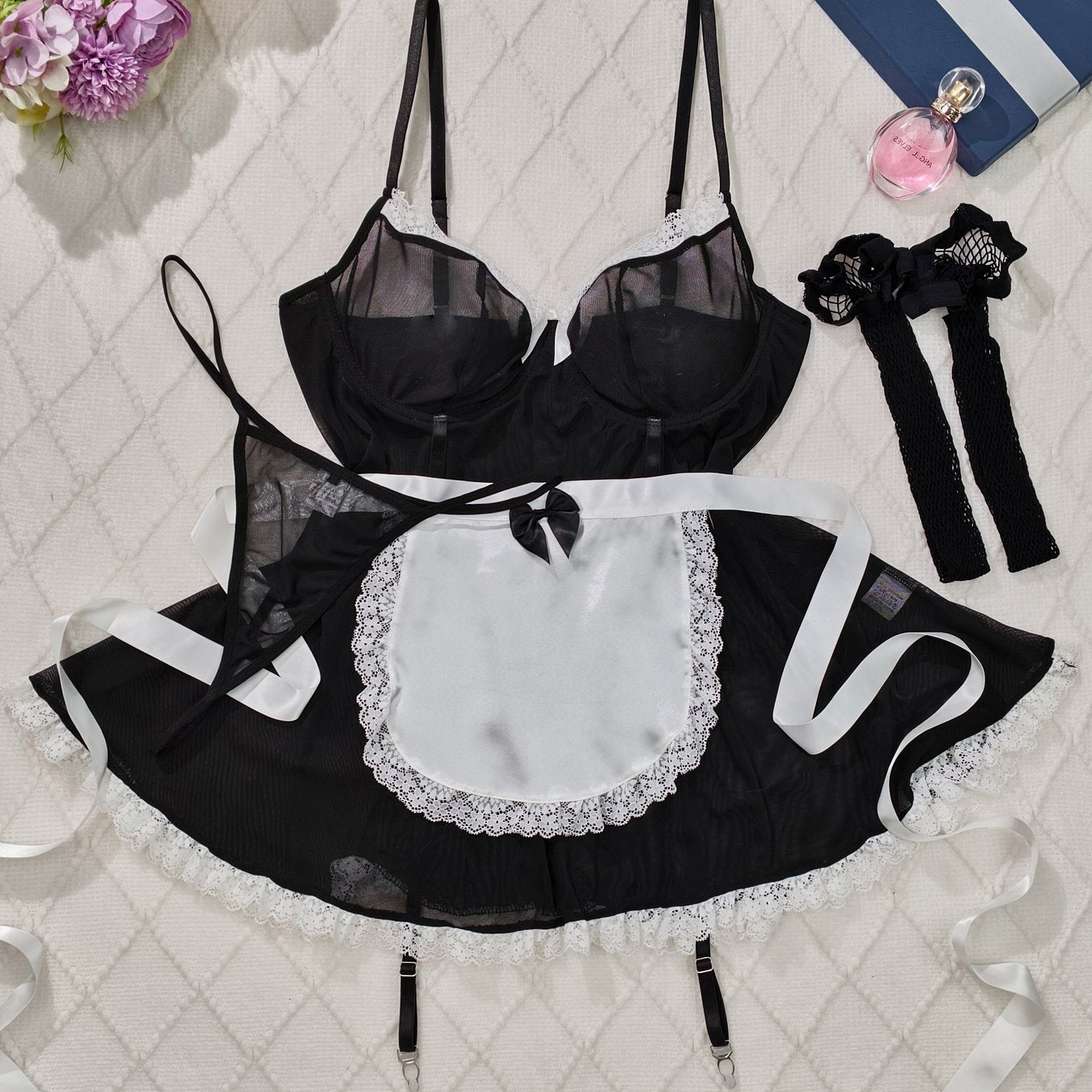 Large Sized Maid Role-Playing Set | Mesh Splicing and Lace Edge Design, Sexy Style Bedroom Uniform with Contrast Lace Details