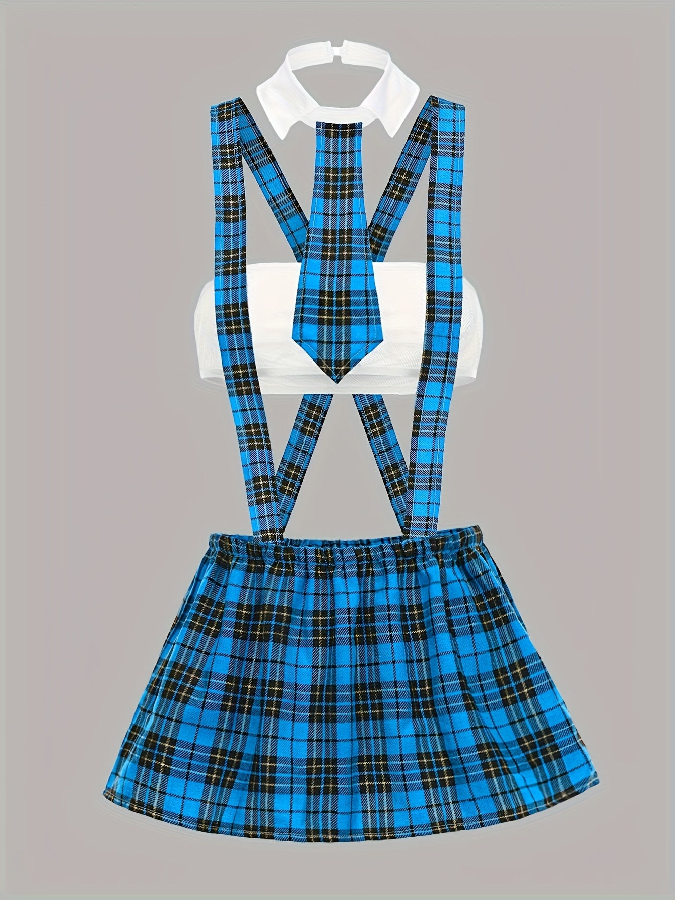 4pcs Set of Contrasting Checkered Cosplay Outfit Featuring a Hollowed-Out Strapless Top, Checkered Suspender Skirt, Sexy Thong, And Tie, Designed for Women with an Exotic Flair.